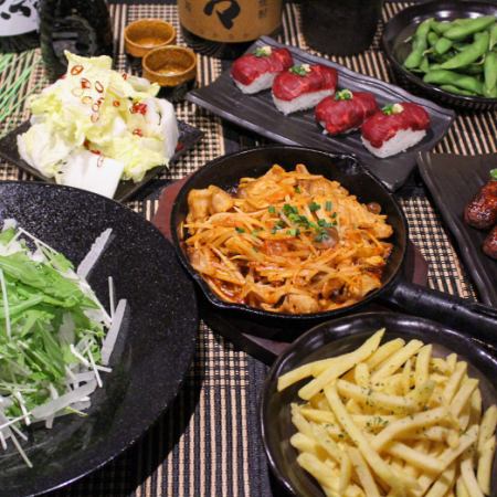 Kaede Course [2.5 hours all-you-can-drink x 8 dishes] Meatball skewers, pork kimchi teppanyaki, meat sushi, etc. 4,500 yen ⇒