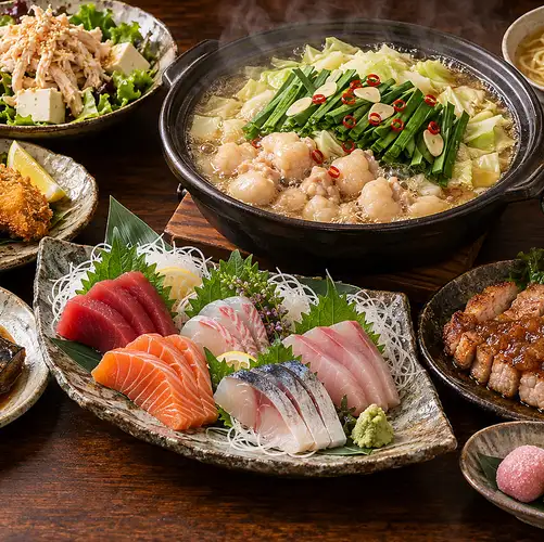 【忘年会・新年会】贅沢コース!!刺身5種盛りと黒毛和牛もつ鍋全9品◆2時間飲み放題付き6,000円