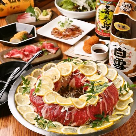 {3 hours all-you-can-drink x 9 dishes} Grilled Joshu beef sushi and new specialty! Lemon hotpot with meat, etc. [Welcome and farewell party course]