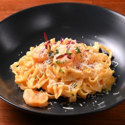 Homemade tagliatelle with saffron shrimp