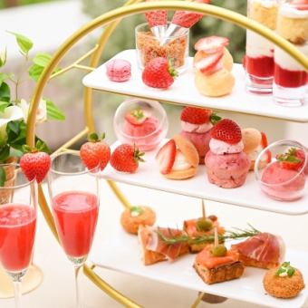 【いちごアフタヌ-ンティ-】いちごパフェ,マカロン等+カフェフリ-+お花+お祝いプレ-ト