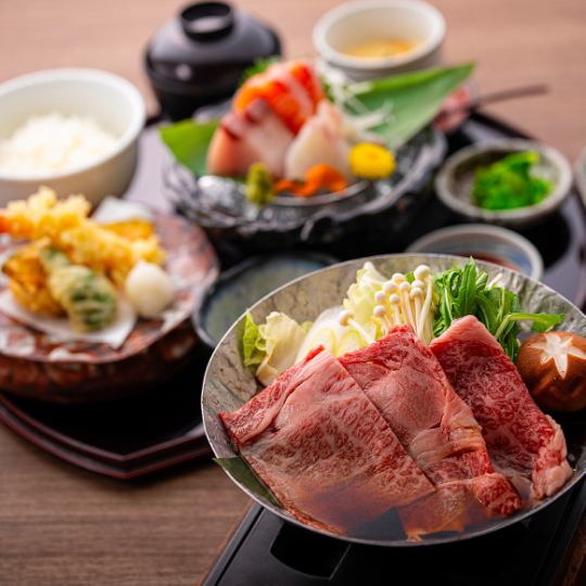 Sashimi, tempura and Omi beef sukiyaki set meal