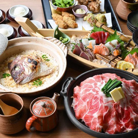 宴会におすすめ《飲み放題付》海鮮舟盛りと豚の陶板焼きの名物鯛めしコース ¥5,000