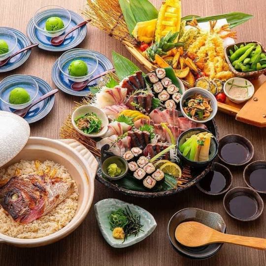 《飲み放題付》うおまん皿鉢コース◆お造り3種、名物の鯛めしなどが楽しめる￥5,800