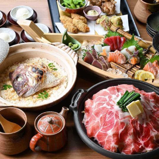 歓迎会に!《飲み放題付》海鮮舟盛りと豚の陶板焼きの名物鯛めしコース