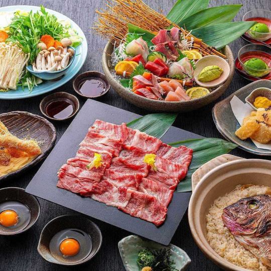 送別会に!《飲み放題付》うおまん満喫コース◆お造り5種、近江牛すき焼き、鯛めし等をご堪能