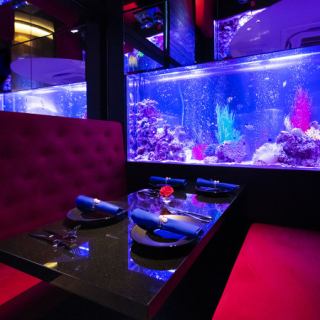 [Table for 2 to 4 people | Giant aquarium room] Why not dine on an open giant aquarium floor where you can feel the beautiful light of the aquarium even more? Using a high-back sofa with a high back to prevent splash infection, and a nearby seat Both are calculated by creating a seat that maintains a social distance by providing sufficient space.