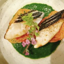 焼きサワラと蓮根とフルーツトマト　春菊ソース