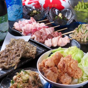 【もずく家の逸品料理を♪お気軽コース】串盛り合わせなど含む6品2H飲み放題　税込4,000円！