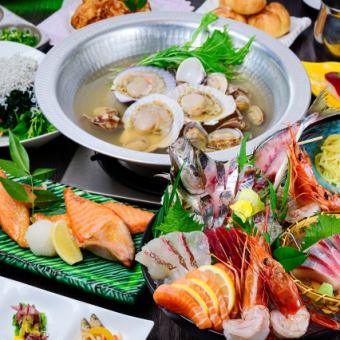 【新品上市！】握寿司的正宗生鱼片！海鲜丰富的套餐和渔贝浴锅<120分钟无限畅饮>4,500日元