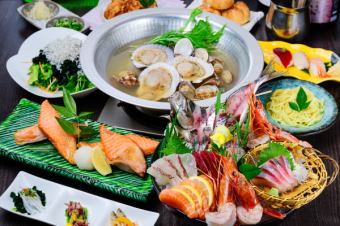 [New!] Serious sashimi on nigiri! Seafood course with fisherman's shellfish bath pot <120 minutes all-you-can-drink> 4500 yen