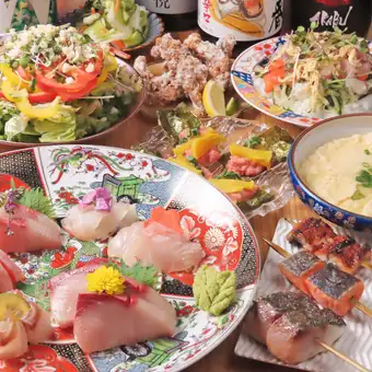 平日限定!【うる虎お試し】名物魚串.刺身.絶品おつまみ等生,地酒飲み放題付き全7品4000円(税込)