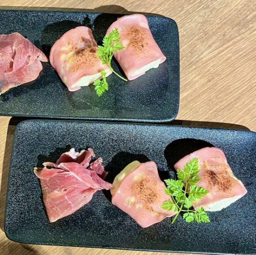 Mortadella ham and rice polenta with Serrano Jamon