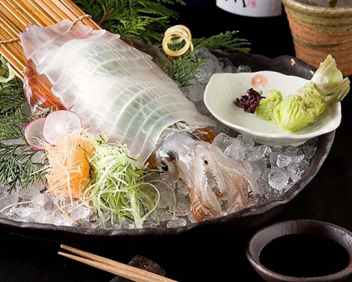 Enjoy motsunabe, mizutaki, live squid sashimi, and more.