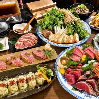 【宫城县豪华盛宴套餐，包含日式香菜火锅、新鲜金枪鱼、厚切牛舌和仙台牛肉】9道菜，含120分钟畅饮：10,000日元