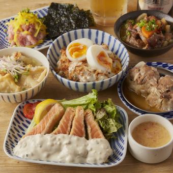とんぼ『と』定番コース（2時間飲み放題付き）3日前予約。サーモン親子レアカツ、牛すじ鬼煮込み