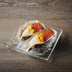 Raw oysters with raw sea urchin and salmon roe