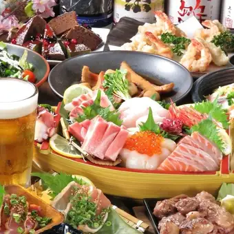 【11月、12月、1月】热气腾腾!炭烤鸡腿、4种海鲜拼盘等等!【共8道菜】5000日元(含税)畅饮!
