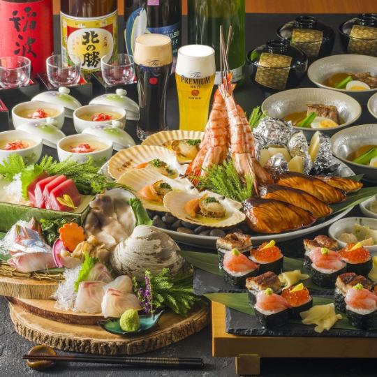 March welcome/farewell party! Super luxurious! Hamayaki-style seafood platter with 3 kinds of seafood toppings and sushi with seafood toppings for 120 minutes with all-you-can-drink for 6,000 yen