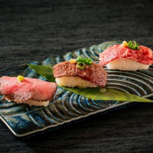 超おすすめ！こだわり肉寿司の三種盛り