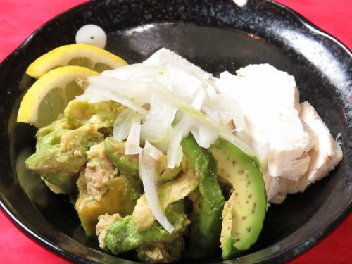 Wasabi soy sauce with chicken and avocado