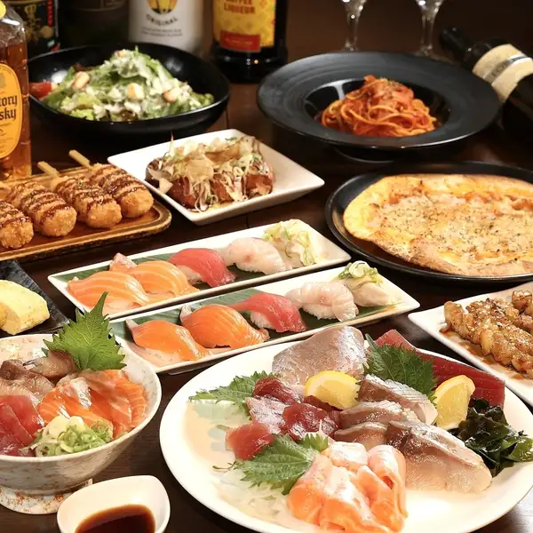 《豊富な海鮮・肉メニュー》デラックス食飲放題3500円★週末も3時間対応!月替りメニューや刺身も肉も◎