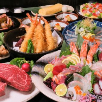 "Gin Gin" course ★ 10 dishes including 5 kinds of sashimi, Wagyu steak, fried fresh fish, and nigiri sushi + 2 hours [all-you-can-drink] ⇒ 6,300 yen