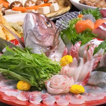【豪華！鯛魚形狀涮鍋套餐】包括極致奢華的「鯛魚鍋」在內的8種菜餚！6,500日元套餐+2小時無限暢飲！