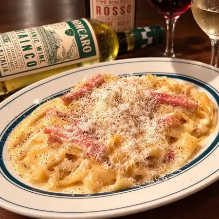 The decadent carbonara with a soft-boiled egg