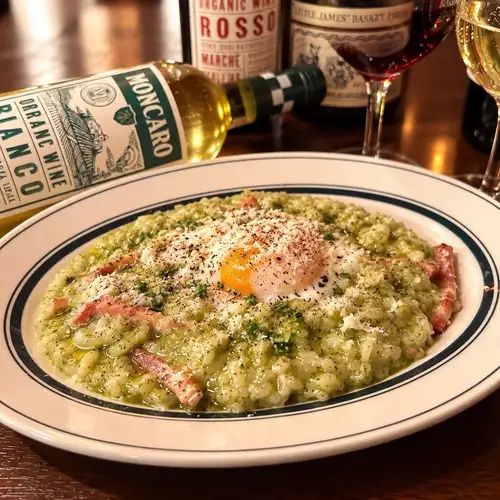 Genovese risotto with thick-cut bacon and soft-boiled egg