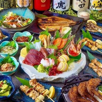 ★Most popular★ [Kotobuki] Local chicken skewers and sashimi platter, 8 dishes total/3 hours all-you-can-drink included {5000 yen ⇒ 4000 yen}