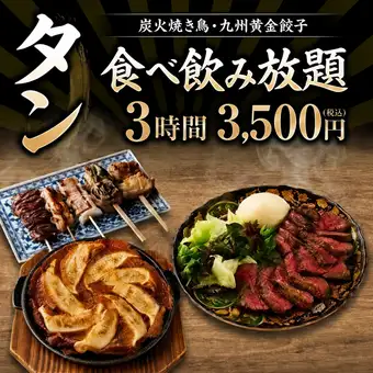 人気No.1◎3H食べ飲み【特選タンコース】特選タン10種×博多餃子12種×焼き鳥が食べ放題!3500円