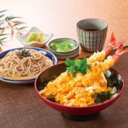 Large shrimp tempura rice bowl with fluffy egg and noodles