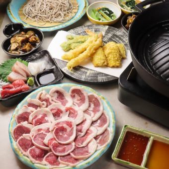 【飲み会や接待、デート】合鴨ジンギスカン焼き、天ぷらが味わえるコース＋1700円で飲み放題