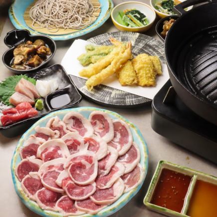 【飲み会や接待、デート】合鴨ジンギスカン焼き、天ぷらが味わえるコース＋1700円で飲み放題