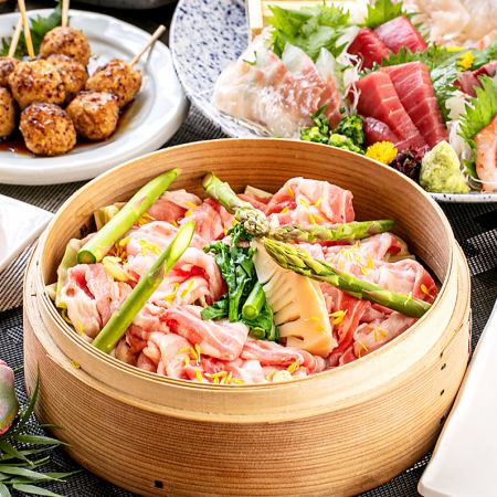 【Rin套餐】 2種鮮魚生魚片和多種主菜的高性價比宴會，附2小時無限暢飲，8道菜品3,500日元。