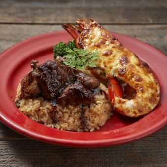 Golden grilled lobster & cut steak with garlic rice