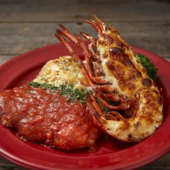 Golden-baked lobster & chicken Milanese