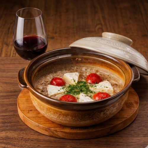 Camembert cheese risotto served in an earthenware pot