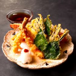 "Assorted seasonal vegetable tempura"