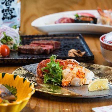 『<寿司>おまかせ伊勢海老コース』寿司8貫に伊勢海老と黒樺牛のWステーキ含む《全10品》料理のみ
