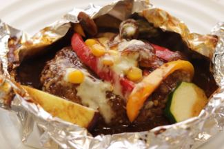 Grilled hamburger steak with seasonal vegetables and demi-glace sauce