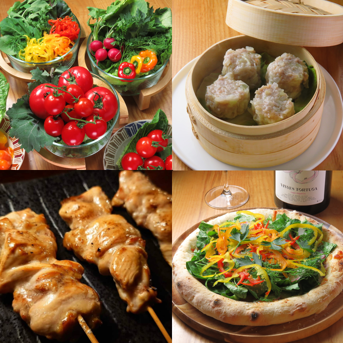 有機野菜を中心とした料理や鉄板焼、シャモロックを楽しめます。