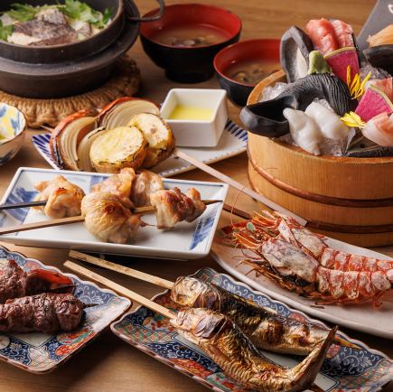 150 分鐘無限暢飲套餐，包含生魚片、肉類、魚類和蔬菜，以原始方式烤製。