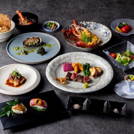 【부채】 호화스러운 제철의 맛, 바다의 행운과 특선 흑모 와규+스파클링을 포함한 1잔 1인 34100엔(부가세 포함)