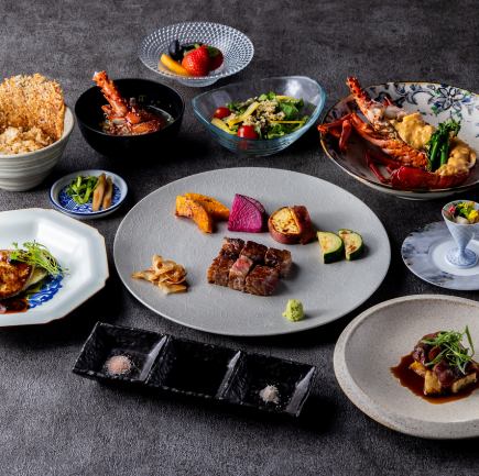 【바다】계절의 물건, 특선 북쪽 고구마 소와 이세 새우+스파클링을 포함한 1잔 1인 28800엔(부가세 포함)