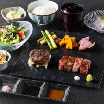 【츠무기】흑모 와규 스테이크와 흑모 와규 거친 햄버거 콤보 5500엔(부가세 포함)
