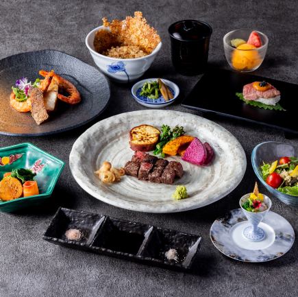 【ディナー雅】有頭海老と鮮魚、黒毛和牛赤身ステーキ100g会席【全9品14,500円(税込)】