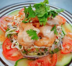 Shrimp mayonnaise salad topped with coriander