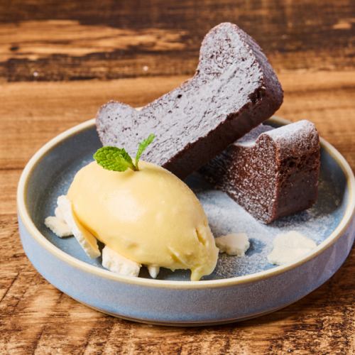 Rich chocolate terrine and vanilla ice cream